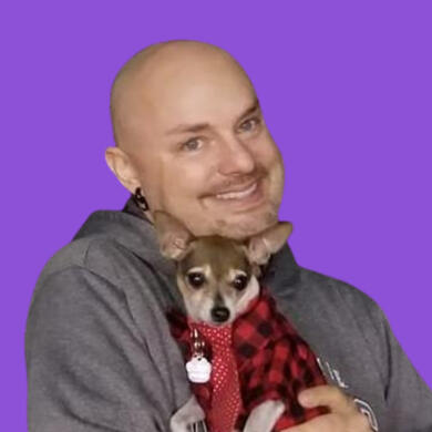 an AI automation expert holding a chihuahua in a cozy checkered outfit, symbolizing the comfort and efficiency of authentic AI automation solutions